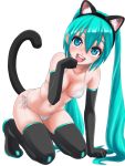  1girl animal_ears aqua_eyes aqua_hair arm_support bikini boots cat_ears cat_tail elbow_gloves gloves hatsune_miku kneeling long_hair looking_at_viewer o-minato open_mouth paw_pose side-tie_bikini simple_background solo swimsuit tail thigh-highs thigh_boots twintails very_long_hair vocaloid white_background white_bikini white_swimsuit 