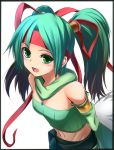  bare_shoulders breasts detached_sleeves duel_monster green_eyes green_hair hairband headband juunisan_(nsitnmsng2bn) long_hair looking_at_viewer midriff navel open_mouth reeze_whirlwind_of_gusto ribbed_sweater scarf smile sweater twintails yuu-gi-ou 
