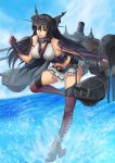  1girl bare_shoulders battleship blue_sky brown_hair cannon clouds cloudy_sky collarbone fingerless_gloves frown gloves hand_up headgear headpiece high_heels highres kantai_collection ko-ran long_hair machinery midriff miniskirt nagato_(kantai_collection) navel ocean one_leg_raised outstretched_arm red_eyes ship skirt sky solo thigh-highs thigh_strap very_long_hair warship water wind 