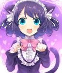  1girl animal_ears bell black_hair blue_eyes blush cat_ears cat_tail curly_hair cyan_(show_by_rock!!) fang hair_ornament looking_at_viewer open_mouth paw_pose ribbon show_by_rock!! solo tail 