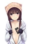  1girl artist_request bangs black_hair blunt_bangs cellphone hat highres long_hair long_sleeves navel open_clothes original phone simple_background smartphone smile solo 