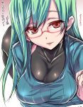  1girl bodysuit breasts glasses green_eyes large_breasts long_hair original red_eyes ribbed_sweater skin_tight solo sweater tokita_monta upper_body 