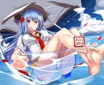  1girl blouse blue_hair breasts breasts_apart crotch floating food fruit hat hinanawi_tenshi innertube leaning_back long_hair looking_at_viewer mouth_hold neropaso panties peach petals popsicle red_eyes shirt short_sleeves solo touhou umbrella underwear upper_body water watermark white_blouse white_panties white_shirt 