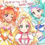  3girls :d :o ;d amanogawa_kirara bare_shoulders blonde_hair blue_eyes blue_hair blush choker cure_flora cure_mermaid cure_twinkle earrings gloves go!_princess_precure green_eyes hand_on_another&#039;s_head haruno_haruka jewelry kaidou_minami long_hair looking_at_viewer magical_girl midriff multicolored_hair multiple_girls navel one_eye_closed open_mouth orange_hair pink_hair ponytail precure purple_hair redhead shinoasa smile star star_earrings translation_request twintails twitter_username two-tone_hair violet_eyes white_gloves 