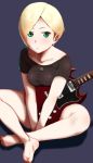  1girl barefoot blonde_hair don_(don_0608) earrings electric_guitar feet green_eyes guitar highres indian_style instrument jewelry legs necklace original ring shadow short_hair simple_background sitting soles solo toe_scrunch toes v_arms 