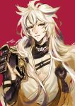  1boy black_gloves fox_shadow_puppet gloves highres japanese_clothes kogitsunemaru long_hair looking_at_viewer male_focus momoshiki_tsubaki parted_lips partly_fingerless_gloves red_eyes simple_background sode solo touken_ranbu twitter_username upper_body 