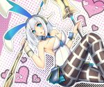  1girl animal_ears bare_shoulders breasts bunnysuit cleavage collarbone detached_collar dual_wielding fake_animal_ears female grey_eyes headphones highres looking_at_viewer necktie oshiro_project pantyhose polearm rabbit_ears shikano short_hair silver_hair solo thighs weapon wrist_cuffs 