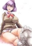  1girl bow breasts cleavage contemporary fang feet fundoshi large_breasts looking_at_viewer no_pants open_mouth purple_hair red_eyes school_uniform short_hair sitting smile socks solo sweater touhou yasaka_kanako yohane 