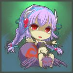  1girl chibi duel_monster hair_ornament insect_girl juunisan_(nsitnmsng2bn) looking_at_viewer lowres midriff monster_girl navel open_mouth purple_hair red_eyes spider_girl traptrix_atrax twintails yuu-gi-ou 