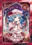  1girl bat_wings blue_background blue_hair border character_name flower highres hoshino_chika light_smile looking_at_viewer mob_cap puffy_short_sleeves puffy_sleeves red_eyes red_rose remilia_scarlet rose short_hair short_sleeves solo touhou wings wrist_cuffs 