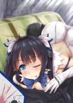  1girl ;p ass black_hair blue_eyes breasts cleavage couch dungeon_ni_deai_wo_motomeru_no_wa_machigatteiru_darou_ka gankami hair_ribbon hestia_(danmachi) lying_on_person one_eye_closed rei_no_himo ribbon solo_focus tongue tongue_out twintails 