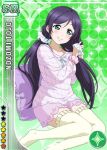  1girl adjusting_hair aqua_eyes bangs blush bow bra_strap card_(medium) character_name collarbone diamond_(shape) floral_print fluffy_legwear gradient gradient_background green_background jpeg_artifacts long_hair long_sleeves love_live!_school_idol_festival love_live!_school_idol_project low_twintails official_art pajamas parted_bangs pillow pink_shirt purple_hair scrunchie shirt shorts sitting smile solo sparkle star thigh-highs toujou_nozomi twintails wrist_scrunchie yokozuwari 