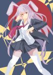  1girl blazer blue_skirt collared_shirt dong_pian hand_over_eye long_hair looking_to_the_side necktie open_blazer open_clothes pose purple_hair reisen_udongein_inaba shirt skirt smile solo thigh-highs thighs touhou very_long_hair white_legwear 