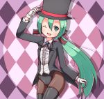  1girl a-ktoo cane checkered checkered_background fishnet_pantyhose fishnets gloves green_eyes green_hair hat hatsune_miku leotard long_hair low_ponytail magician one_eye_closed pantyhose thigh-highs top_hat vocaloid 