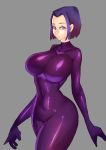  1girl bodysuit breasts dc_comics grey_background highres large_breasts looking_at_viewer purple_hair raven_(dc) short_hair simple_background skin_tight solo teen_titans violet_eyes wide_hips zxc 