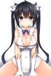  1girl arm_ribbon bare_shoulders black_hair blue_eyes blush bow breasts cleavage cleavage_cutout covered_navel dress dungeon_ni_deai_wo_motomeru_no_wa_machigatteiru_darou_ka gloves hair_ornament hair_ribbon hestia_(danmachi) long_hair looking_at_viewer mizushina_minato pout ribbon short_dress simple_background sleeveless sleeveless_dress smile solo twintails white_background white_dress white_gloves 