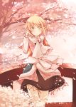 1girl arm_warmers atoki blonde_hair cherry_blossoms cherry_trees green_eyes hand_in_hair mizuhashi_parsee pointy_ears railing sash scarf shirt skirt smile solo touhou tree 