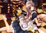  1girl absurdres animal_ears barefoot black_eyes book brown_hair checkered checkered_floor fake_animal_ears highres looking_at_viewer lying misaki_kurehito nail_polish on_stomach open_book original parted_lips scan shoes shoes_removed soles solo tail tiger_tail toes wrist_cuffs 