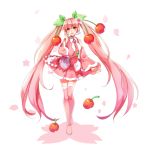  1girl boots cherry detached_sleeves food fruit hatsune_miku head_tilt headset kostop long_hair necktie petals pink_eyes pink_hair sakura_miku skirt solo thigh-highs thigh_boots twintails very_long_hair vocaloid white_background 