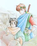  2boys black_hair blue_cape blue_eyes brown_hair doriru_makkusu_tagami food fruit headband lowe_(shining_force) max_(shining_force) multiple_boys shining_(series) shining_force_1 sword weapon wristband 