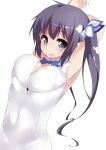  arms_up black_hair blue_eyes breasts cleavage covered_navel dungeon_ni_deai_wo_motomeru_no_wa_machigatteiru_darou_ka hestia_(danmachi) large_breasts long_hair looking_at_viewer open_mouth simple_background tera_zip twintails white_background 