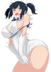  1girl black_hair blue_eyes breasts cleavage covering covering_crotch dress dress_tug dungeon_ni_deai_wo_motomeru_no_wa_machigatteiru_darou_ka hestia_(danmachi) hestia_(danmachi)_(cosplay) kantai_collection large_breasts long_hair panties pout rei_no_himo simple_background solo souryuu_(kantai_collection) thighs twintails ulrich_(tagaragakuin) underwear white_background white_panties 