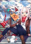  1girl blue_eyes boots can clouds erere fur_trim highres holding_can jacket long_hair long_sleeves no_parking_sign open_mouth original outdoors pants scarf shirt sitting snow snowman stairs traffic_cone traffic_light white_hair |_| 