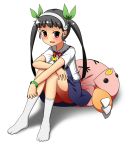  1girl backpack bag bakemonogatari black_hair hachikuji_mayoi hairband long_hair monogatari_(series) nisemonogatari raoorica red_eyes ribbon sitting twintails 