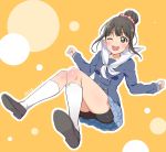  1girl bike_shorts black_hair blush green_eyes hair_bun hamaguchi_ayame idolmaster idolmaster_cinderella_girls kneehighs knees_together_feet_apart one_eye_closed open_mouth school_uniform scrunchie serafuku shorts_under_skirt skirt smile solo tokita_arumi white_legwear 