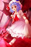  1girl :d blush bobby_socks brooch dress dress_lift fang hat hat_ribbon highres jewelry mary_janes mob_cap moon neckerchief open_mouth purple_hair red_eyes red_shoes remilia_scarlet ribbon shiron_(e1na1e2lu2ne3ru3) shoes smile socks solo spear_the_gungnir touhou wrist_cuffs 