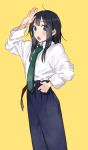  1girl alternate_costume belt black_hair blue_eyes collared_shirt cowboy_shot dress_shirt kitashirakawa_tamako long_hair looking_at_viewer momose_(oqo) necktie open_mouth oversized_clothes pants salute shirt sleeves_folded_up solo tamako_market yellow_background 