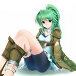  1girl breast_hold breasts collar duel_monster earrings gloves green_eyes green_hair hairband jacket jewelry juunisan_(nsitnmsng2bn) long_hair looking_at_viewer ponytail shorts simple_background sitting skirt smile solo winda_priestess_of_gusto yuu-gi-ou 