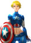  1girl blonde_hair blue_eyes captain_america genderswap marvel midriff santa_fung shield short_hair solo steve_rogers superhero 