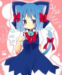  1girl ? animal_ears bell bell_collar blue_eyes blue_hair blush bow bowtie cat_day cat_ears cirno collar collared_shirt dress embarrassed hair_bow hair_ribbon ice ice_wings large_bow looking_down paw_pose paw_print puffy_short_sleeves puffy_sleeves ribbon shirt short_hair short_sleeves solo spoken_question_mark tail tail_bow touhou uguisu_mochi_(ykss35) wings 