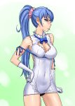  1girl blue_eyes blue_hair blush breasts cleavage cleavage_cutout covered_navel dungeon_ni_deai_wo_motomeru_no_wa_machigatteiru_darou_ka gloves hand_on_hip hestia_(danmachi) hestia_(danmachi)_(cosplay) kawasaki_saki long_hair mole mole_under_eye panties pantyshot ponytail ppsh scrunchie solo sweatdrop underwear yahari_ore_no_seishun_lovecome_wa_machigatteiru. 