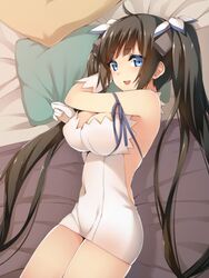  1girl bed black_hair blue_eyes breasts cleavage dress dungeon_ni_deai_wo_motomeru_no_wa_machigatteiru_darou_ka gloves hair_ornament hair_ribbon hestia_(danmachi) hsuliherng long_hair lying pillow rei_no_himo ribbon smile solo twintails white_dress 