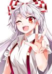  1girl bow e.o. fujiwara_no_mokou hair_bow highres looking_at_viewer one_eye_closed open_mouth red_eyes shirt short_sleeves silver_hair smile solo suspenders torn_clothes torn_sleeves touhou upper_body urban_legend_in_limbo v 