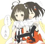  2girls antenna_hair black_hair brown_eyes brown_hair closed_eyes closed_mouth commentary_request double_bun gloves hair_ornament hinamori kantai_collection multiple_girls naka_(kantai_collection) open_mouth scarf sendai_(kantai_collection) short_hair short_sleeves translation_request white_gloves white_scarf 