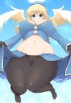  1girl angel_wings atago_(kantai_collection) belly black_gloves black_legwear black_panties blonde_hair blue_eyes blush breasts cleavage_cutout gloves hat highres jacket kantai_collection kurokaze_no_sora large_breasts long_hair looking_at_viewer midriff navel panties panties_under_pantyhose pantyhose plump skirt skirt_lift smile solo tareme thick_thighs thighs undersized_clothes underwear wings 