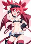 1girl :d armpits belt black_gloves choker demon_tail demon_wings disgaea etna fang flat_chest gloves hand_on_hip kagerou_(kers) long_tail navel open_mouth red_eyes redhead short_hair smile tail twintails wings