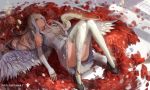  1girl angel_wings ass bare_shoulders commentary dragon dress gauntlets highres leg_ribbon long_hair lying on_back original personification petals pixiv_fantasia pixiv_fantasia_t pointy_ears silver_hair sishenfan solo thigh-highs thighs upskirt very_long_hair white_dress white_hair white_legwear wings yellow_eyes zettai_ryouiki 