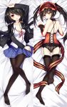  1girl :d ass bisonbison black_hair black_legwear black_panties breasts cleavage dakimakura_(object) date_a_live garter_belt gothic_lolita hair_over_one_eye hairband heterochromia highres lace-trimmed_panties lolita_fashion lolita_hairband long_hair looking_at_viewer lying on_stomach open_mouth panties pantyhose pillow pleated_skirt school_uniform skirt smile solo tokisaki_kurumi twintails underwear 