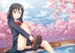  1girl black_hair bow cherry_blossoms cherry_trees dutch_angle feet_in_water hair_ornament looking_at_viewer original petals pleated_skirt red_bow red_eyes school_uniform sitting skirt soaking_feet solo thighs water yuuri_nayuta 