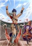  1girl arena draven facial_hair fairy gladiator hat highres league_of_legends long_hair lulu_(league_of_legends) nam_(valckiry) open_mouth pix pointy_ears purple_hair purple_skin short_hair sky v weapon witch_hat 