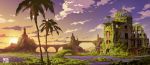  bad_id bridge building cloud grass highres hiroshima hiroshima_peace_memorial landscape long_image no_humans original overgrown palm_tree ruins scenery sky star sunset tokyogenso tree water wide_image 