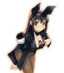  animal_ears between_breasts black_hair blue_eyes bowtie breasts brown_hair bunny_ears bunny_tail bunnysuit card card_between_breasts cleavage collar green_eyes hidari_(left_side) long_hair original pantyhose simosi solo tail tuxedo usagimimi 