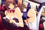  blush brown_eyes brown_hair bunnysuit cuffs dead_or_alive doa game heels kasumi long_hair pony_tail thigh_highs 