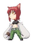  amber_eyes babydoll_t-shirt belt blush chibi crop_top gloves huga kaibutsu_oujo kouda_tomohiro midriff monster_princess pants paws redhead riza_wildman sd short_hair wolf_ears 