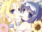  2girls ahoge black_hair blonde_hair blue_eyes bow cuffs doughnut hair_bow highres kunihiro_hajime long_hair manacles multiple_girls nude pocky pocky_kiss ryuumonbuchi_touka saki shared_food tamakura_kaho yuri 