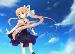  air blonde_hair blue_eyes blush kamio_misuzu lens_flare light_smile long_hair looking_back outstretched_arms outstretched_hand ponytail ribbon shinia sky solo spread_arms 